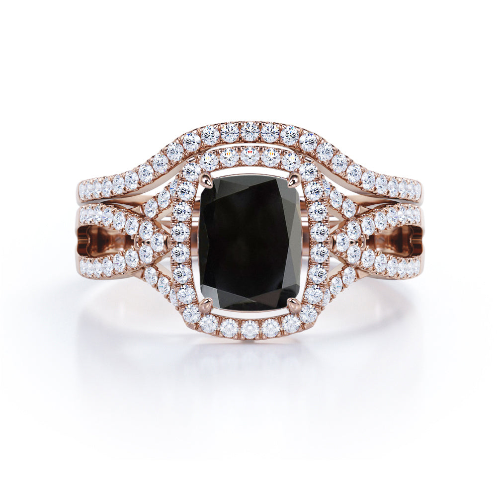 2 Carat Emerald cut Lab Black Diamond Wedding Ring Set in White Gold