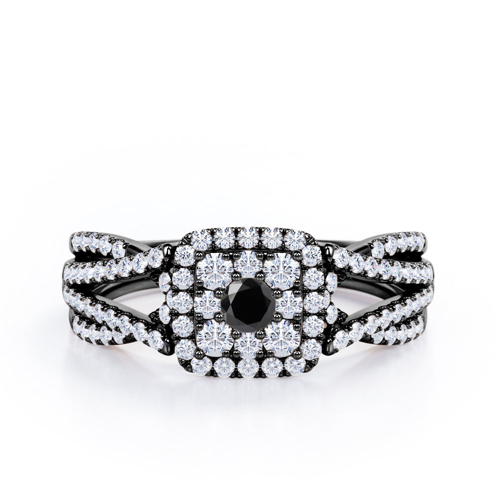 Double Infinity Split Shank - 1.4 Carat Round Shaped Black Diamond - Flush Cluster Halo Engagement Ring in White Gold