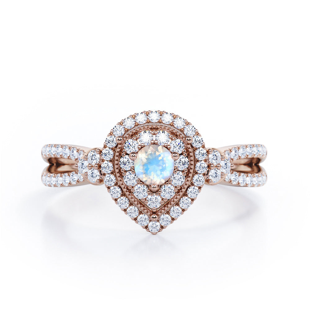 Pear-Shaped Double Halo - 1.7 Carat Round Cut Moonstone and diamond - Pave Split Shank Engagement Ring in White Gold