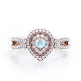 Pear-Shaped Double Halo - 1.7 Carat Round Cut Moonstone and diamond - Pave Split Shank Engagement Ring in White Gold