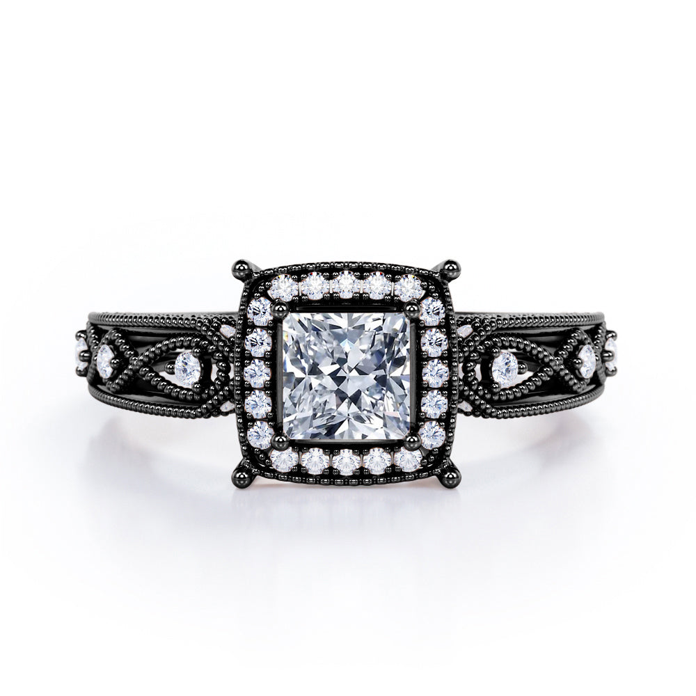 Designer Beaded 1.35 Carat Princess Cut Moissanite And Diamond Halo Engagement Ring In Rose Gold