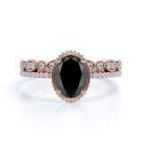 Vintage 1.50 ct Oval Lab Black Diamond Bridal Set