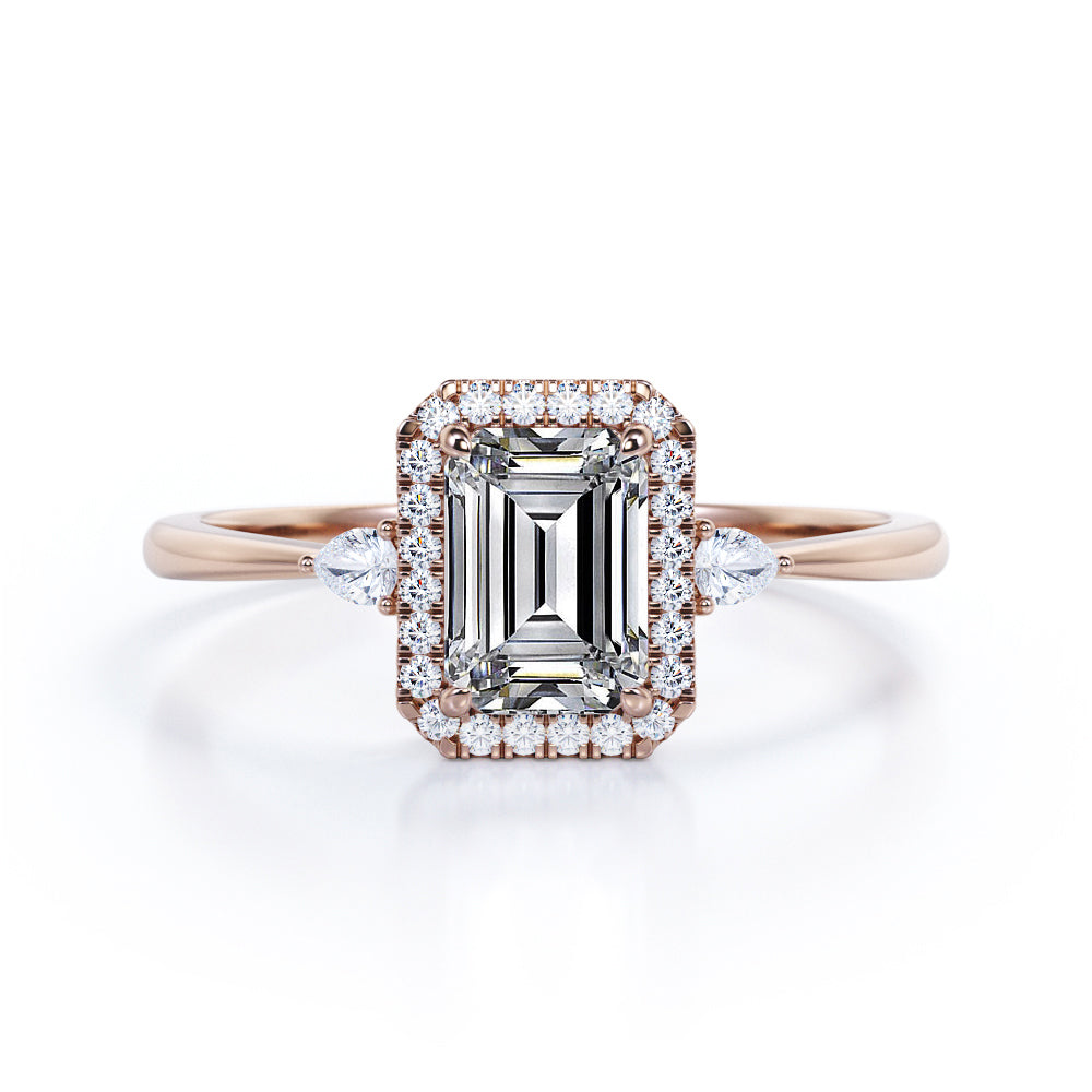 Classic 0.8 carat Emerald Moissanite and Diamond Halo Anniversary Ring in Black Gold