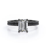 4-Prong Setting 1.65 TCW Emerald Cut Moissanite with Lab Created Black Diamond Wedding Set with Pave Accents in White Gold