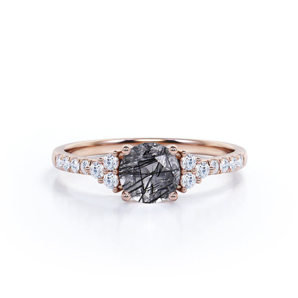 1.50 ct Round Black Rutilated Quartz Cluster Engagement Ring