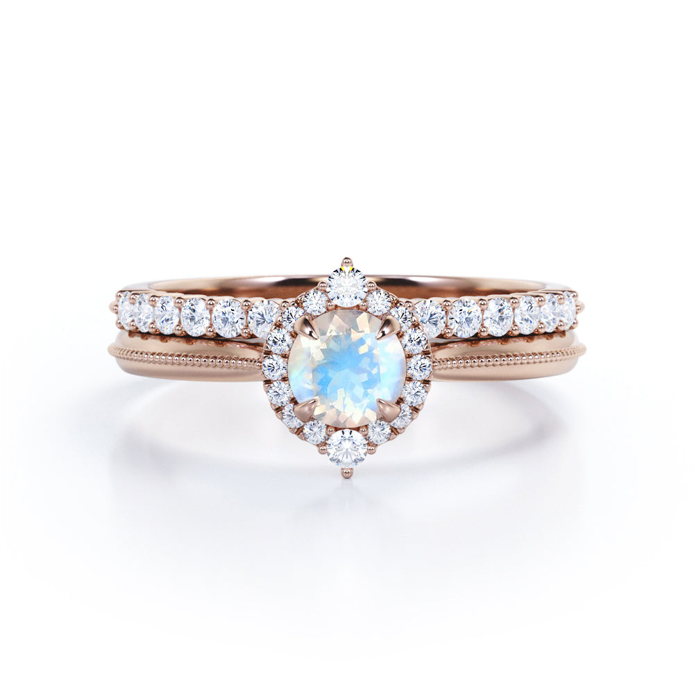 Antique Halo 0.8 carat Round Moonstone and Moissanite Vintage Bridal Set in White Gold