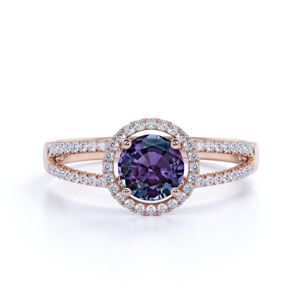 Pave Double Shank 1.50 Carat Round Cut Synthetic Alexandrite and Diamond Halo Modern Engagement Ring