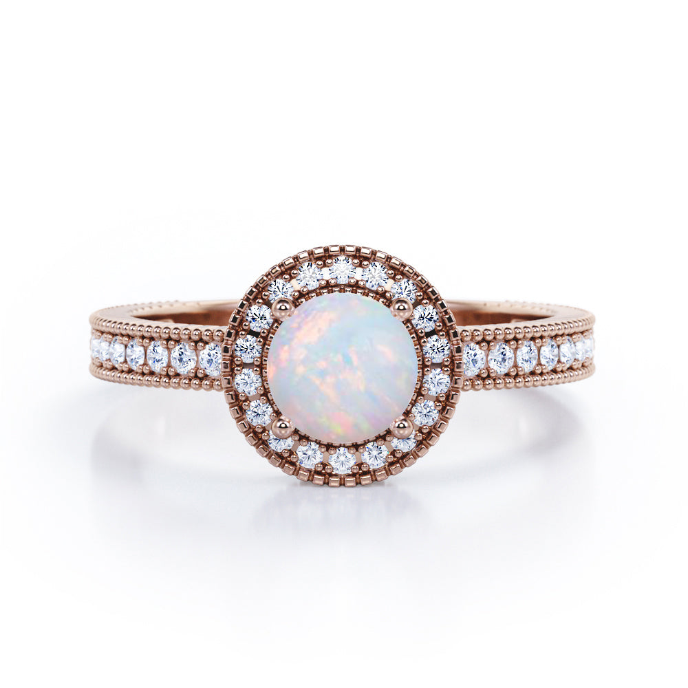 Decorative Halo 1 carat Round Opal and Diamond Milgrain Engagement Ring in White Gold