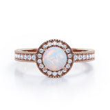Decorative Halo 1 carat Round Opal and Diamond Milgrain Engagement Ring in White Gold