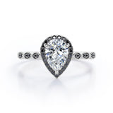 Art-Deco Filigree Milgrain 1.4 TCW Pear Cut Moissanite with Lab Created Black Diamond Halo Design Engagement Ring in Yellow Gold