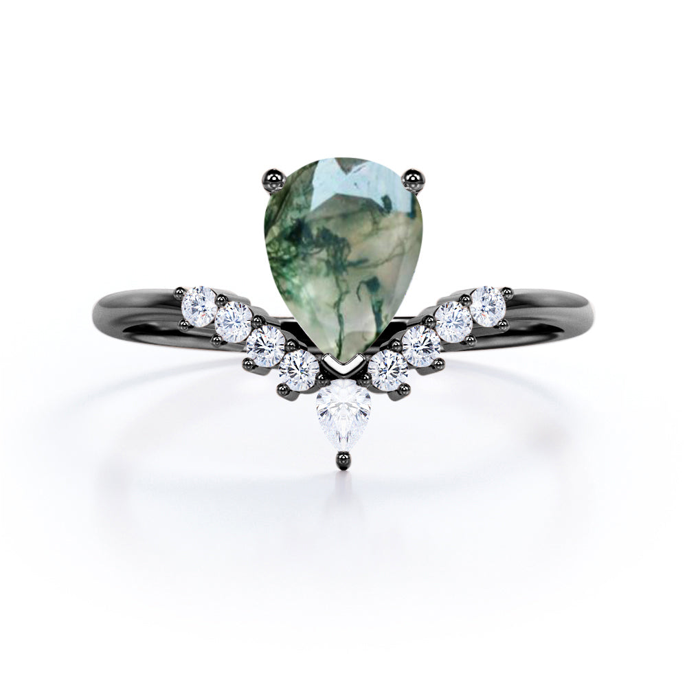Special Gift - 0.6 carat Pear Green Moss Agate and Moissanite Promise Ring in Black Gold
