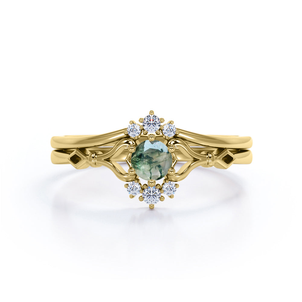 Heart Split Shank 0.6 carat Round Moss Green Agate and Moissanite Wedding Set in White Gold