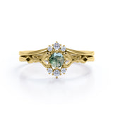 Heart Split Shank 0.6 carat Round Moss Green Agate and Moissanite Wedding Set in White Gold