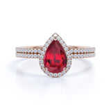 Perfect Bridal Set on Sale 1.50 carat Pear Cut Lab Ruby and Diamond Bridal Set in Rose Gold: Bestselling Design