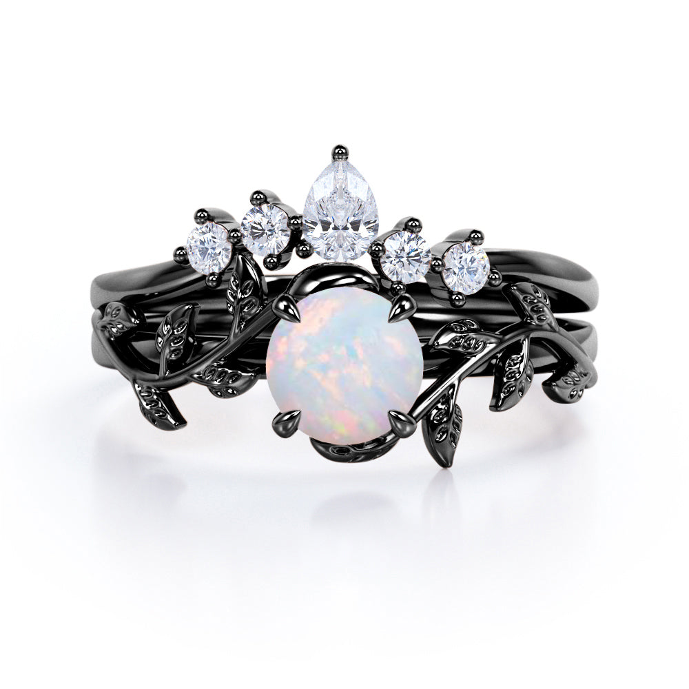 Nature Inspired 1.20 Carat Round Cut White Fire Opal And Diamond Leaf Vine Art Wedding Ring Set In White Gold For Her