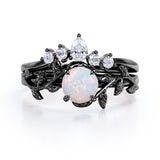 Nature Inspired 1.20 Carat Round Cut White Fire Opal And Diamond Leaf Vine Art Wedding Ring Set In White Gold For Her