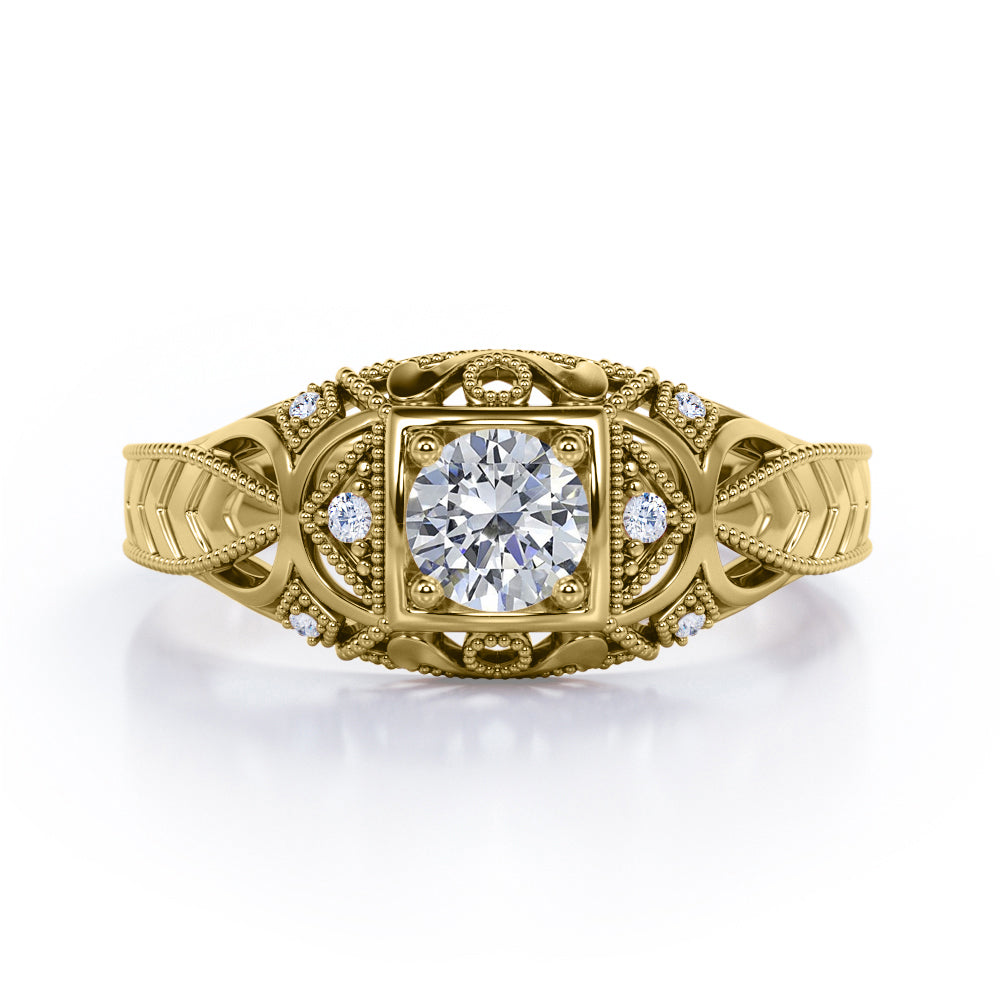 Art Deco Style 1.05 Carat Round Cut Moissanite And Diamond Square Framed Vintage Filigree Engagement Ring In Rose Gold