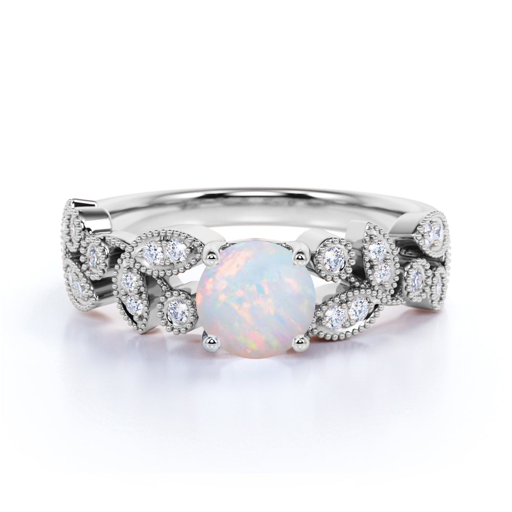 Floral 1.50 Carat Round Galaxy Opal and Diamond Antique Leaf Engagement Ring in Rose Gold