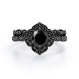 1.75 ct Round Lab Black Diamond Milgrain Floral Bridal Set