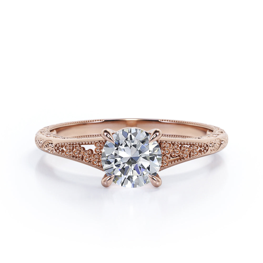 Stylish Engraved Dainty Flowers 1 carat Round Moissanite Engagement Ring in White Gold