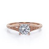 Stylish Engraved Dainty Flowers 1 carat Round Moissanite Engagement Ring in White Gold