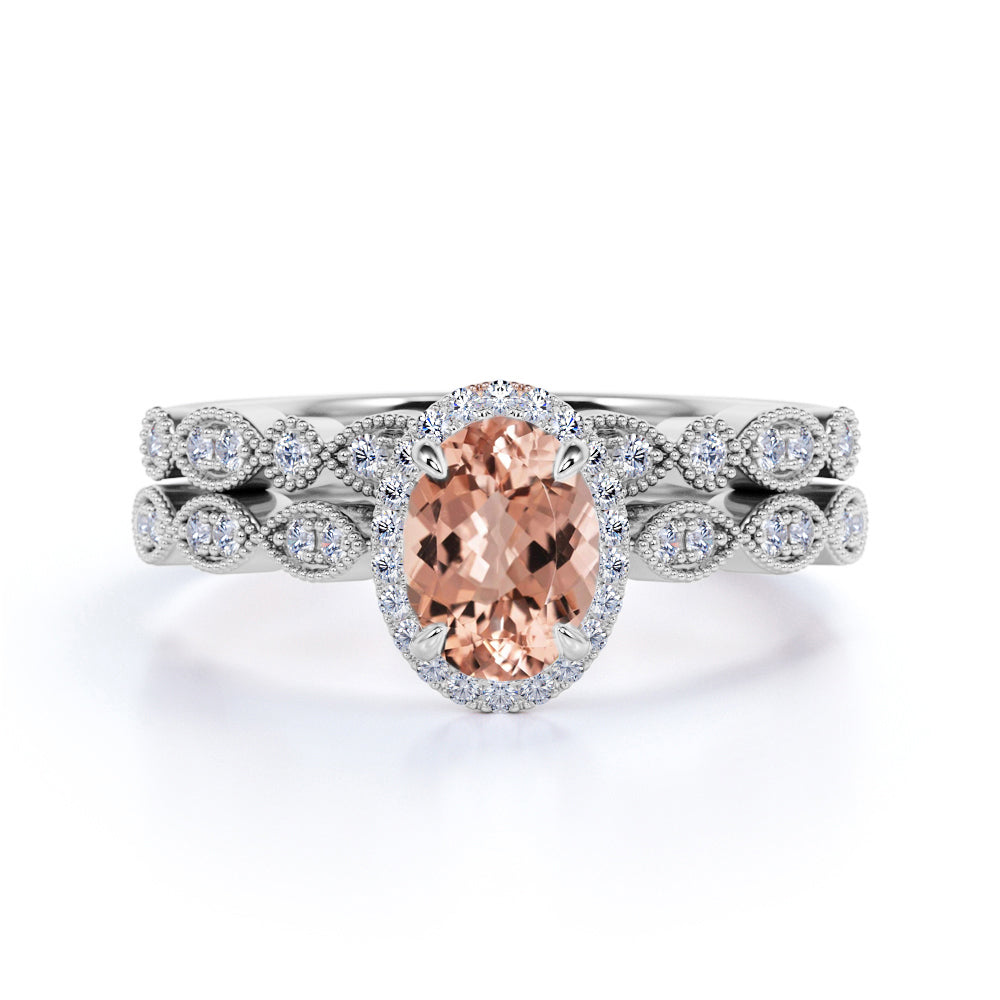 1.5 Carat Oval Cut Peach Morganite and Diamond Wedding Ring Set 10k Rose Gold Elegant Ring