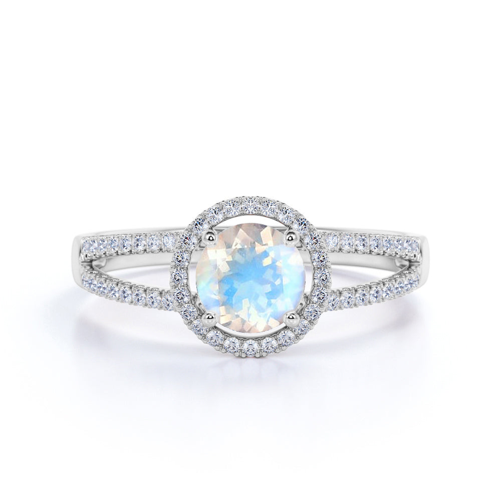 1.50 Carat Round Cut Moonstone Halo Ring in Rose Gold - Moonstone and Black Diamond Wedding Ring