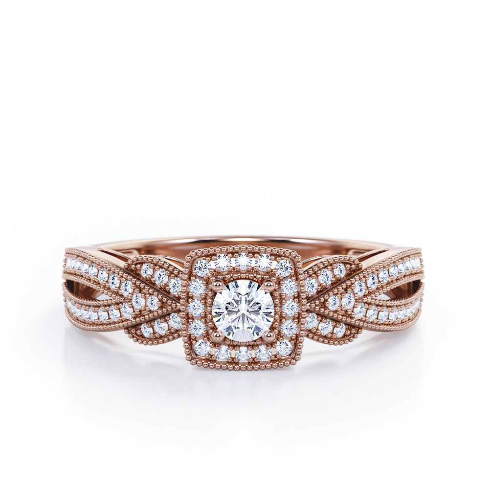 Extravaganza Milgrain Bordered - 1.45 Carat Round Brilliant Cut Moissanite and diamond - Halo Pave Channel Engagement Ring in Black Gold