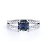 Double Shank Single Stone 1.50 Carat Cushion Cut Simulated Alexandrite and Diamond Pave Classic Engagement Ring