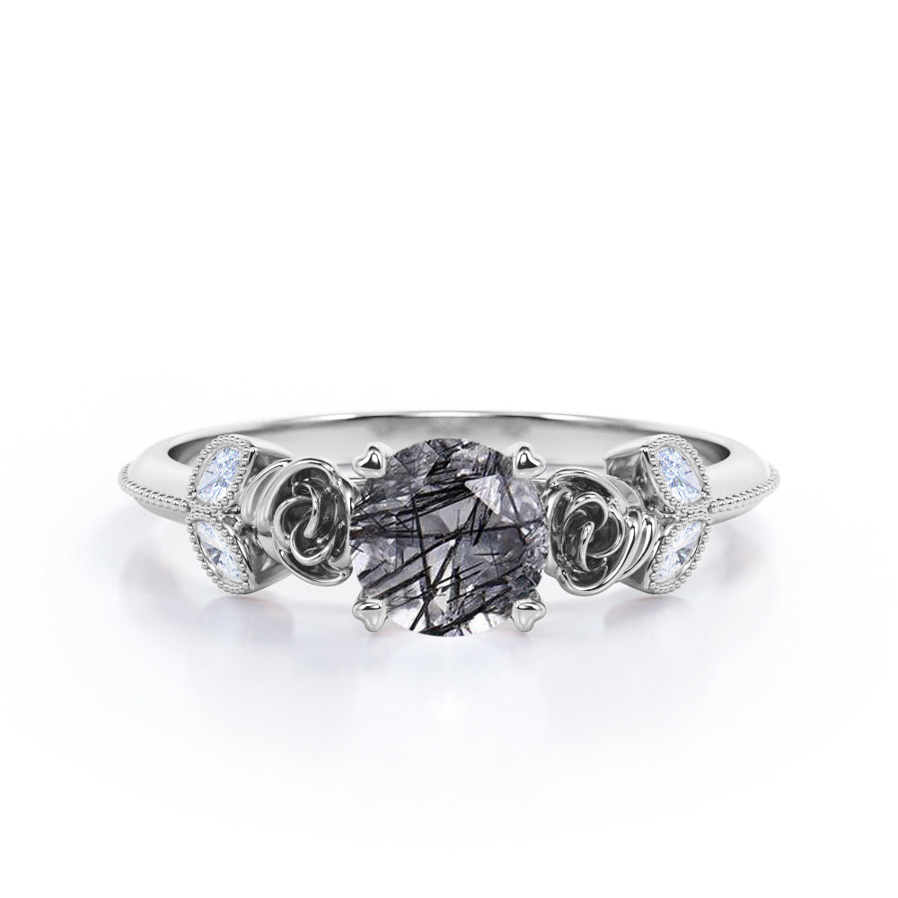 Beaded Flower 1.25 ct Round Black Rutilated Quartz Engagement Ring