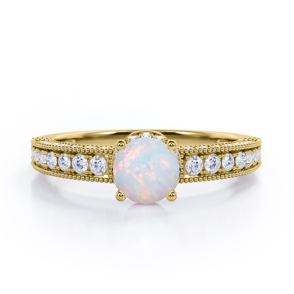Pave Four Prong 1.45 Carat Round Cut Opal And Diamond Vintage Milgrain Engagement Ring In White Gold