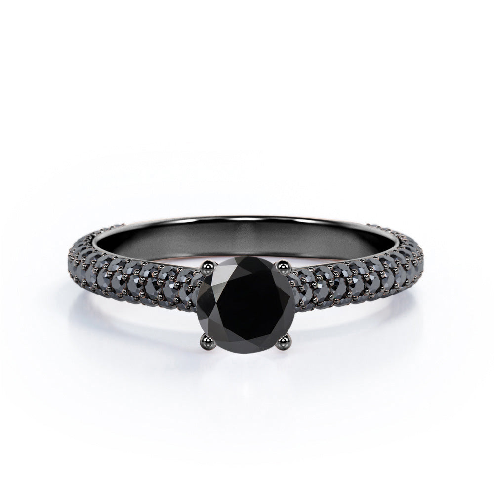 Cathedral Micro-Pave 1.6 TCW Round Shape Lab Created Black Diamond Filigree Wedding Ring Set in White Gold