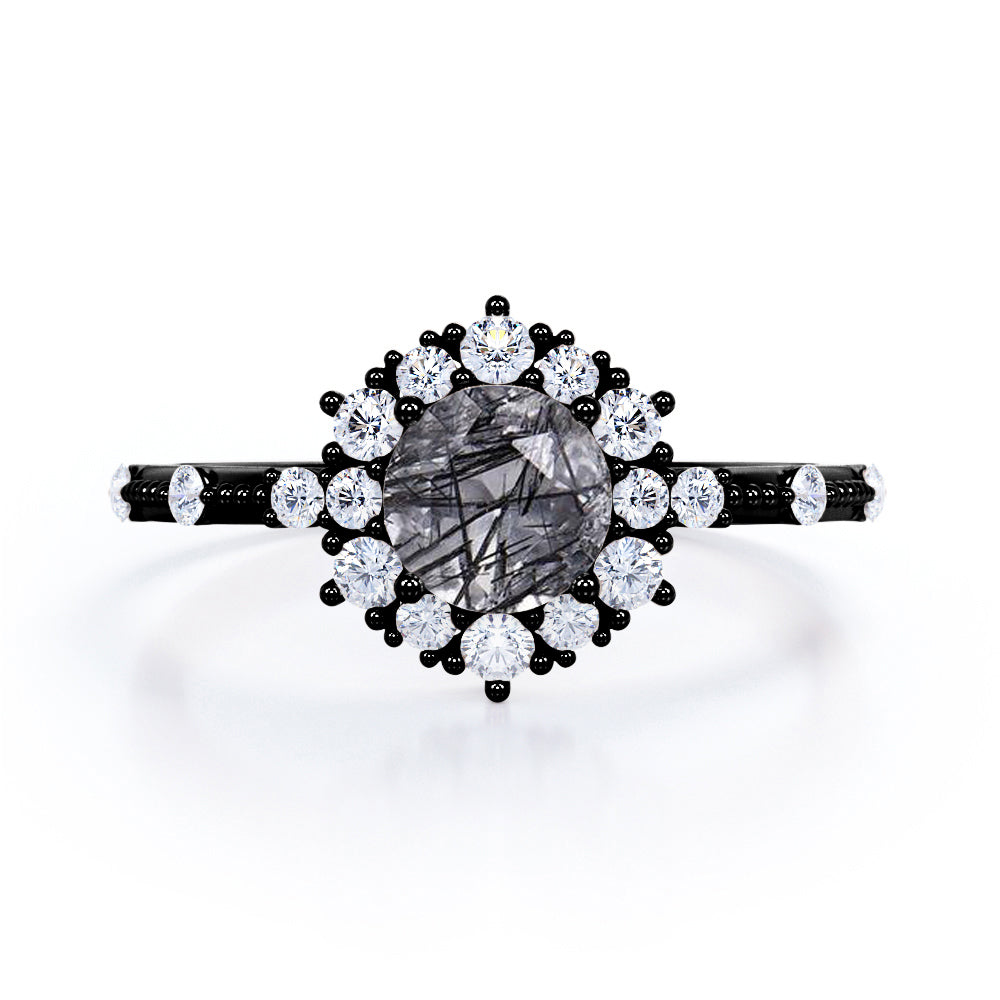 Vintage Halo 1.30 Carat Round Cut Solid Black Rutilated Quartz And Diamond Antique Beaded Engagement Ring In Rose Gold