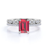 Vintage 1.45 ct Emerald Lab-Created Ruby Pave Wedding Set