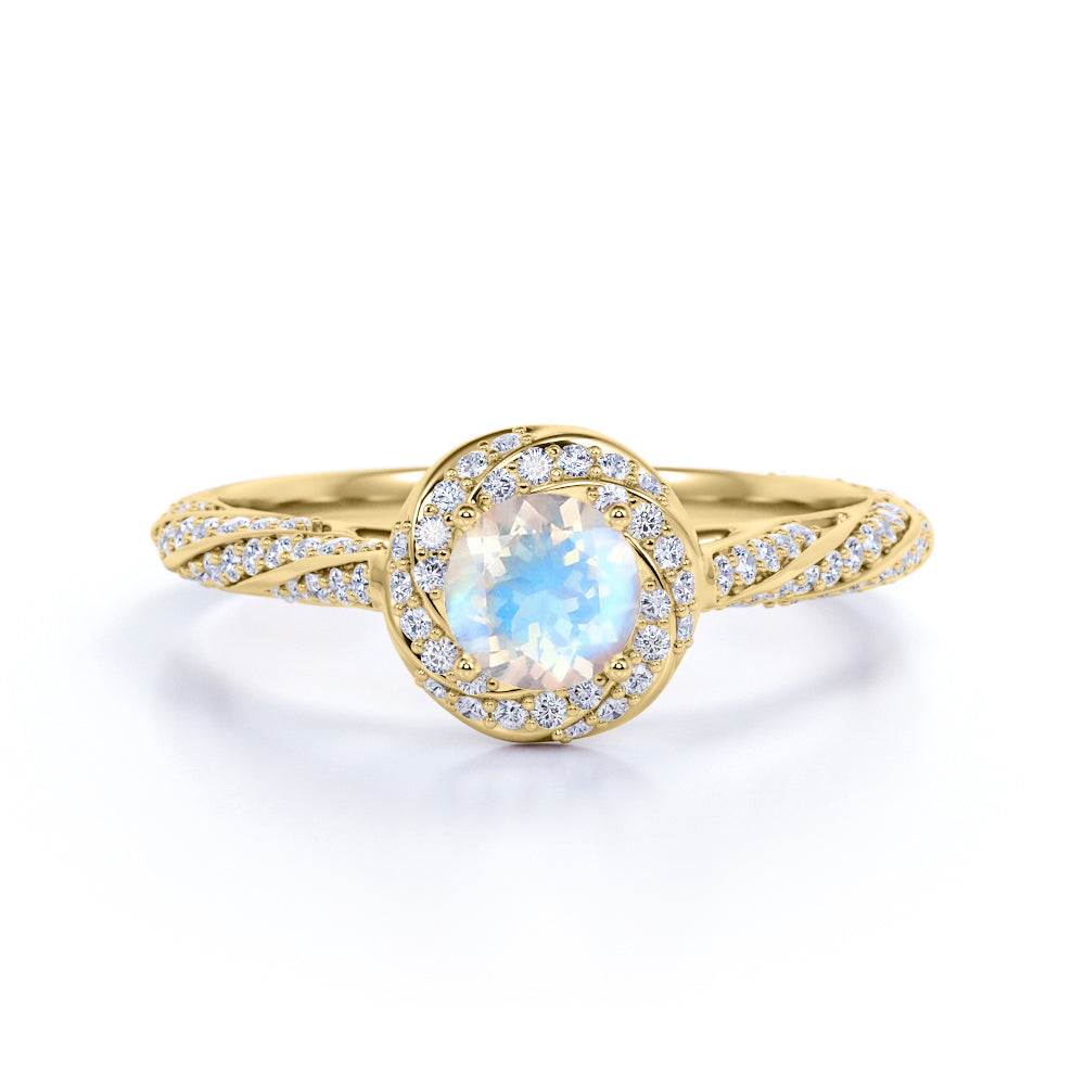1.25 Carat Round Moonstone and Diamond Engagement Ring in Rose Gold - Blue Moonstone Ring