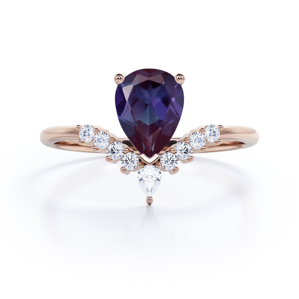 Modern 1.25 Carat Pear Cut  Lab Created Alexandrite And Diamond V Shaped Style Engagement Ring For Women In White Gold