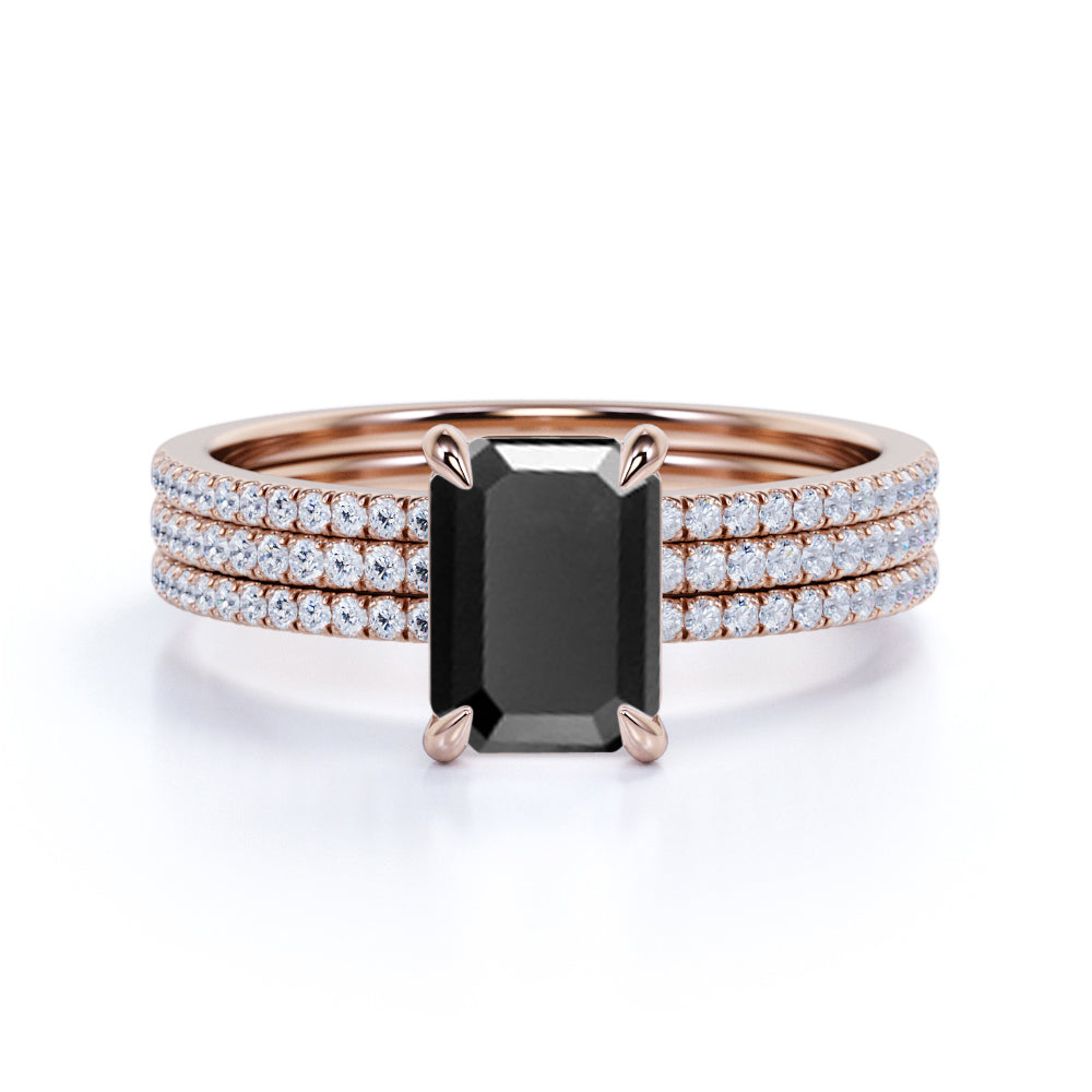 1.75 Carat Emerald cut Lab Black Diamond Solitaire Trio Wedding Bridal Ring Set in White Gold