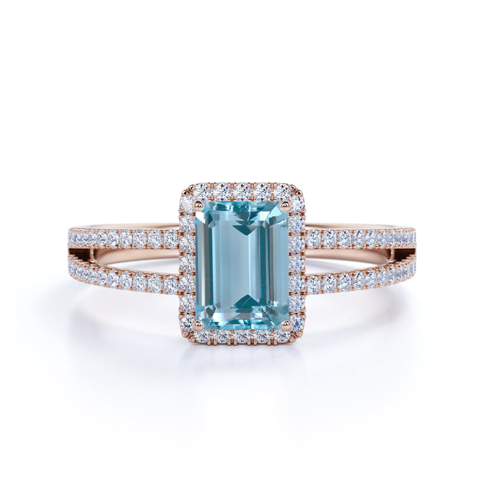 1.75 ct Emerald Aquamarine Halo Split Shank Engagement Ring