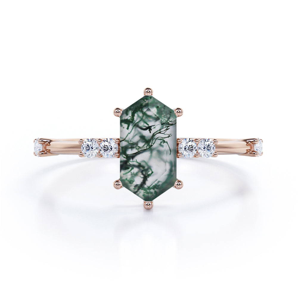 Seven Stones 0.8 carat Hexagon Moss Agate and Moissanite Engagement Ring in Black Gold