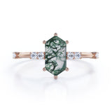 Seven Stones 0.8 carat Hexagon Moss Agate and Moissanite Engagement Ring in Black Gold