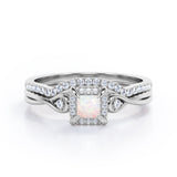 Cushion Halo Prong - 0.85 TCW Princess Cut Opal and Moissanite - Infinity Split Shank Wedding Ring Set -  White Gold