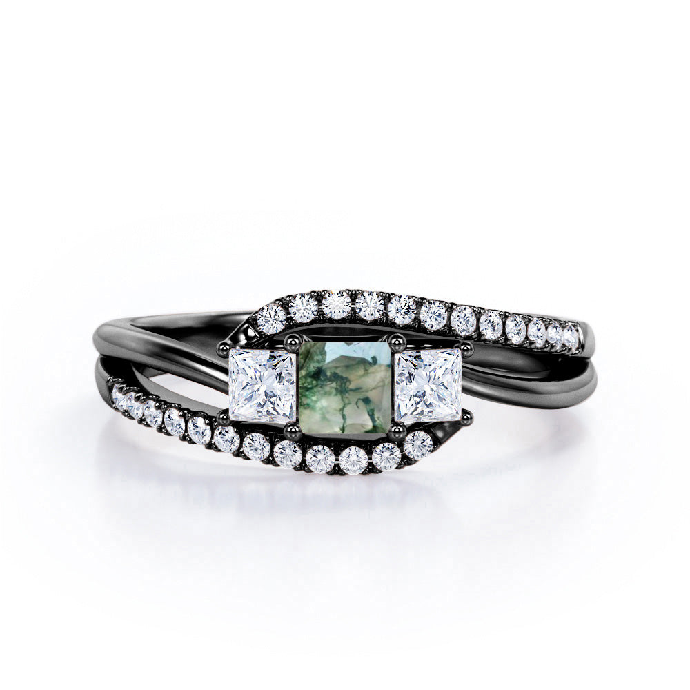 Shared Prongs 1 carat Princess Green Moss Agate and Moissanite Split Shank Band Engagement Ring in Rose Gold