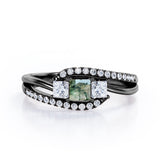 Shared Prongs 1 carat Princess Green Moss Agate and Moissanite Split Shank Band Engagement Ring in Rose Gold