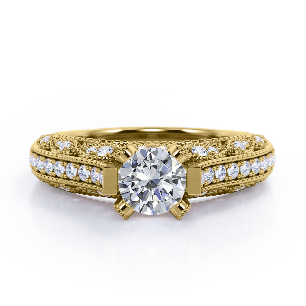 Beaded Four Prongs 1.40 Carat Round Cut Moissanite And Diamond Vintage Art Deco Engagement Ring In Rose Gold