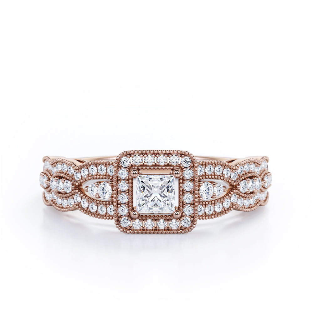 Triple Curved Pave Band - 0.5 TCW Princess Cut Diamond - Milgrain Halo-Channel Engagement Ring - 10K Black Gold