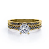 Art Deco Milgrain-Pronged 1.45 TCW Round Brilliant Cut Moissanite with Lab Created Black Diamond Pave Bridal Ring Set in White Gold