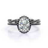 Four-Prong Halo 1.75 TCW Oval-Shaped Moissanite with Lab Created Black Diamond Pave Twisted Eternity Bridal Set in White Gold