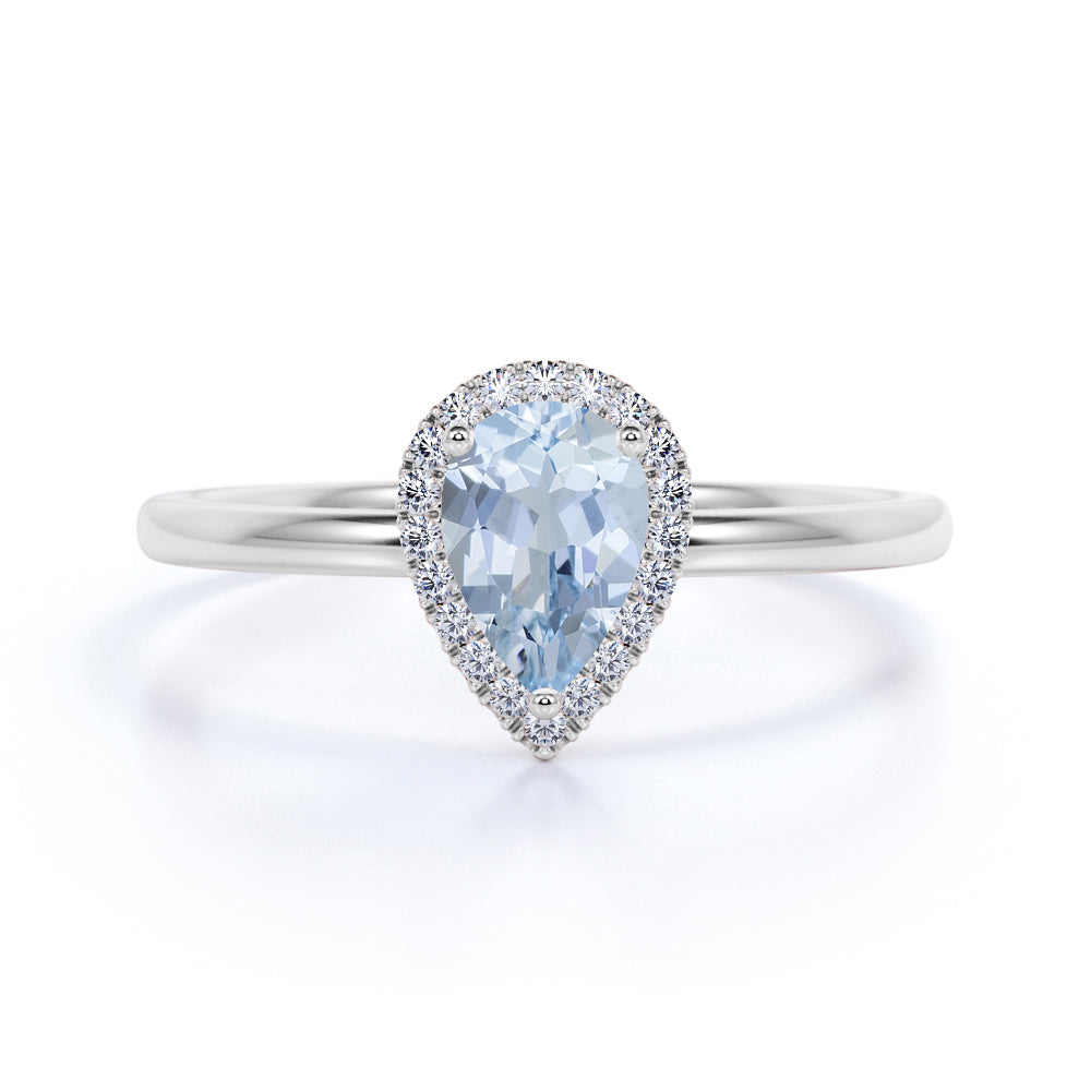 Halo 1.25 ct Pear Aquamarine Solitare Engagement Ring
