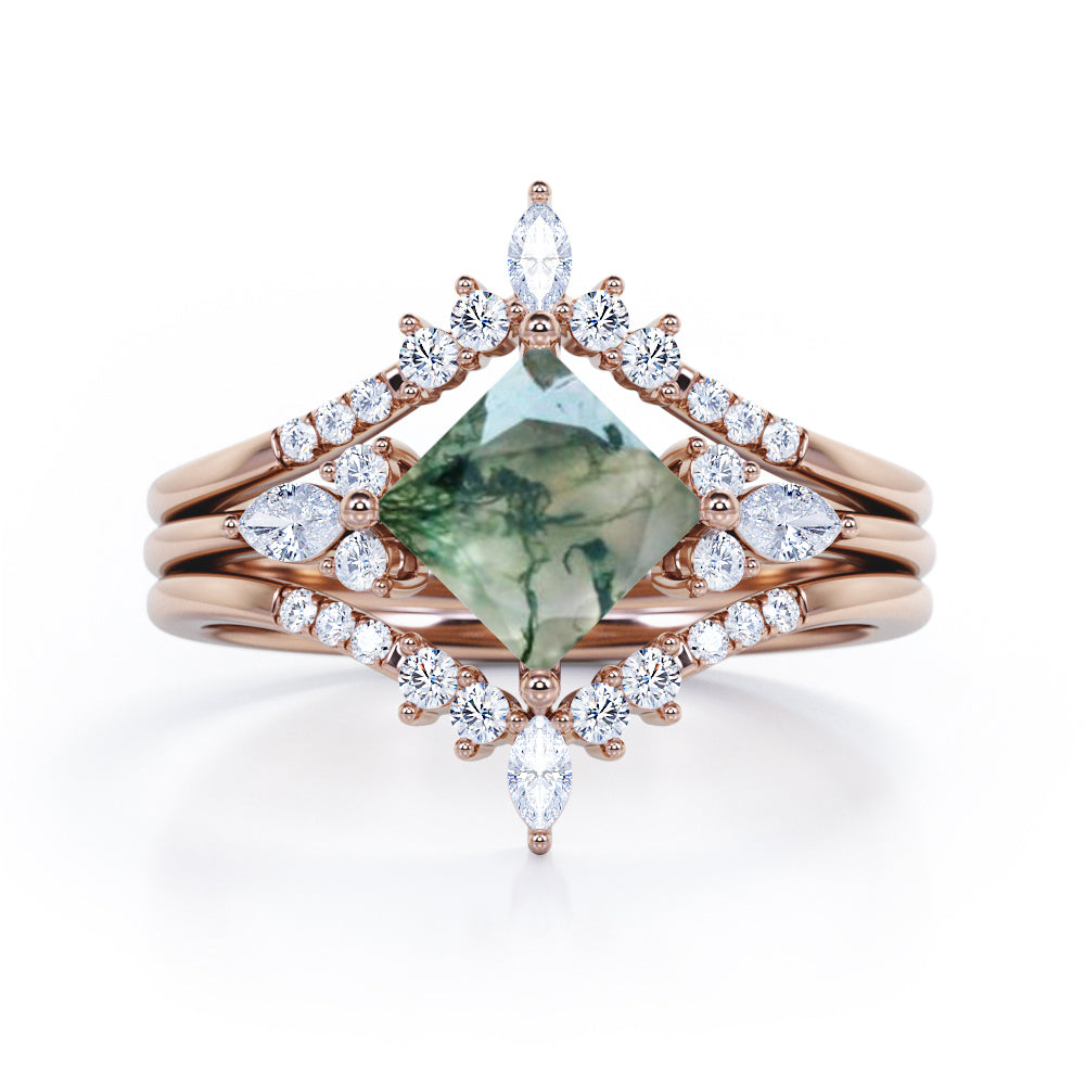 Double Crown 1.25 carat Princess Moss Green Agate and Diamond Trio Ring Set in Rose Gold