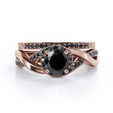 Filigree Tension-Halo 1.5 TCW Round Shape Lab Created Black Diamond Twisted Half Pave Wedding Set in White Gold